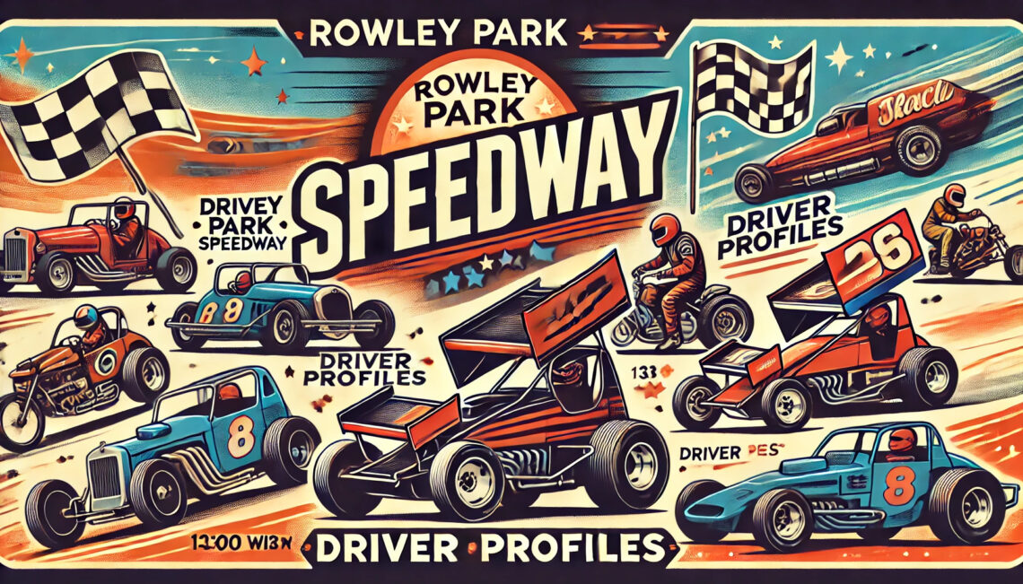 A banner illustration for a vintage speedway track featuring bold vibrant cartoon style racing graphics similar to a classic poster