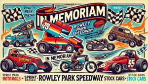 A tribute banner illustration inspired by Rowley Park Speedway featuring bold vintage cartoon style racing graphics like sprint cars motorcycles In Memoriam