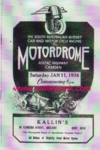 Motordrome Program January 1936 which was on Anzac Highway Camden