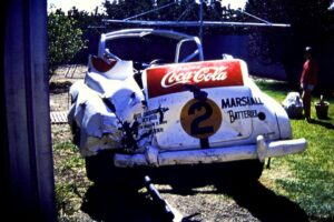 The F.J Holden remains of Johnny Garland after writing it off at Rowley Park Submitted by Debbie Johns